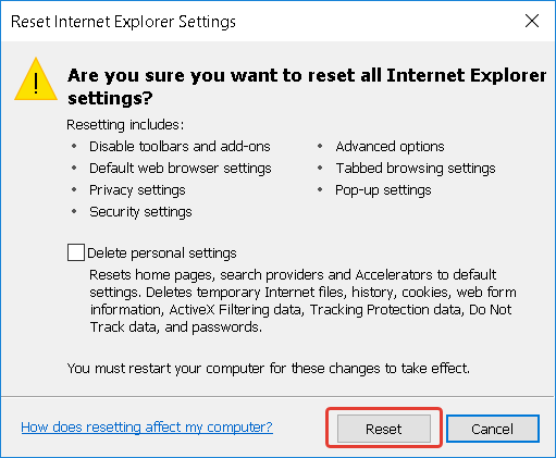 Запретить сброс параметров Internet Explorer